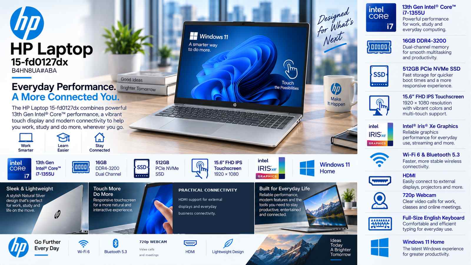 HP Laptop 15-fd0127dx B4HN8UA#ABA, 13th Gen Intel Core i7-1355U, 16GB DDR4-3200, 512GB PCIe NVMe SSD, 15.6-inch FHD IPS Touchscreen, Intel Iris Xe Graphics, Windows 11 Home, English Keyboard, Natural Silver